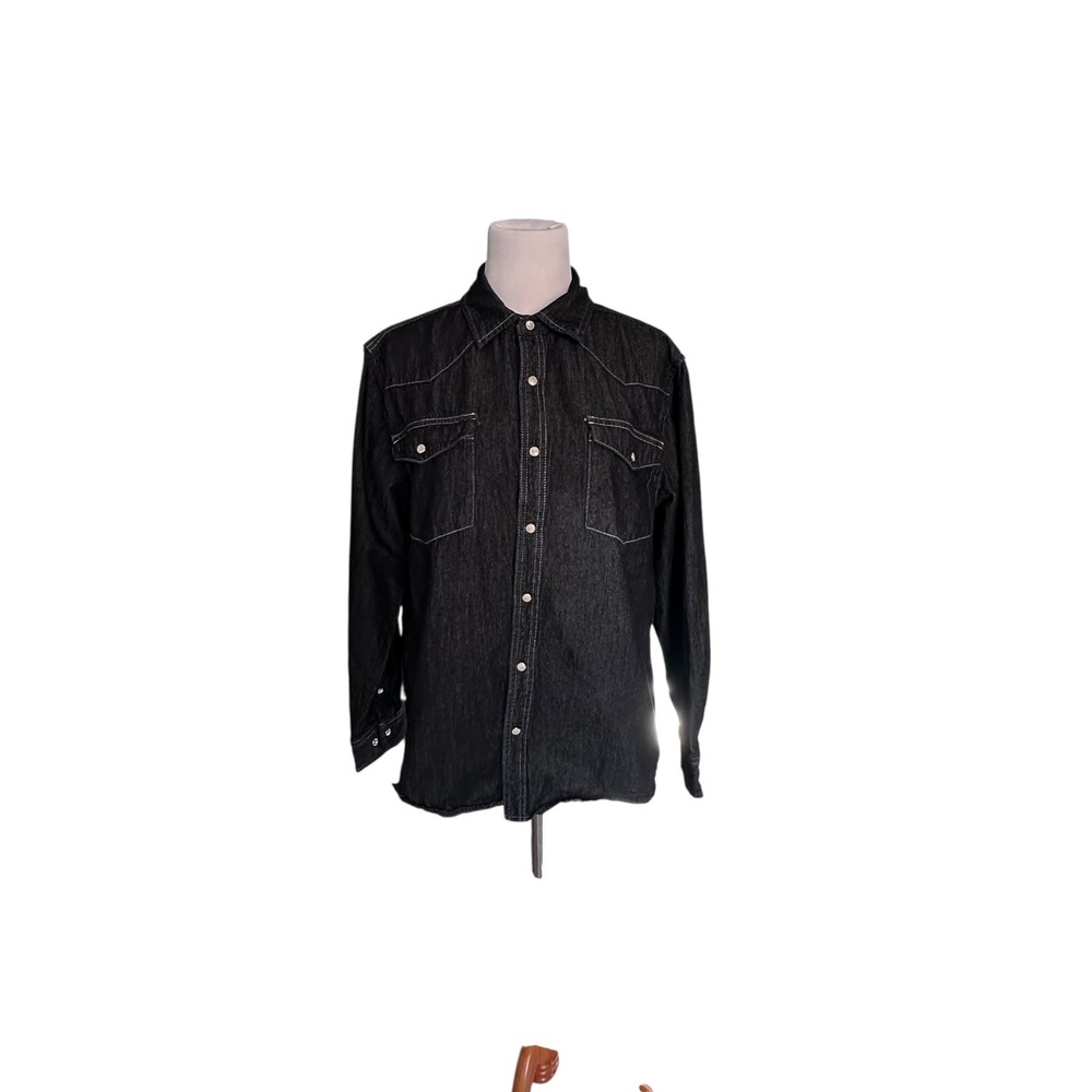 Men's XL Black Denim Western Shirt Pearl Snap Contrast Stitch Long Sleeve